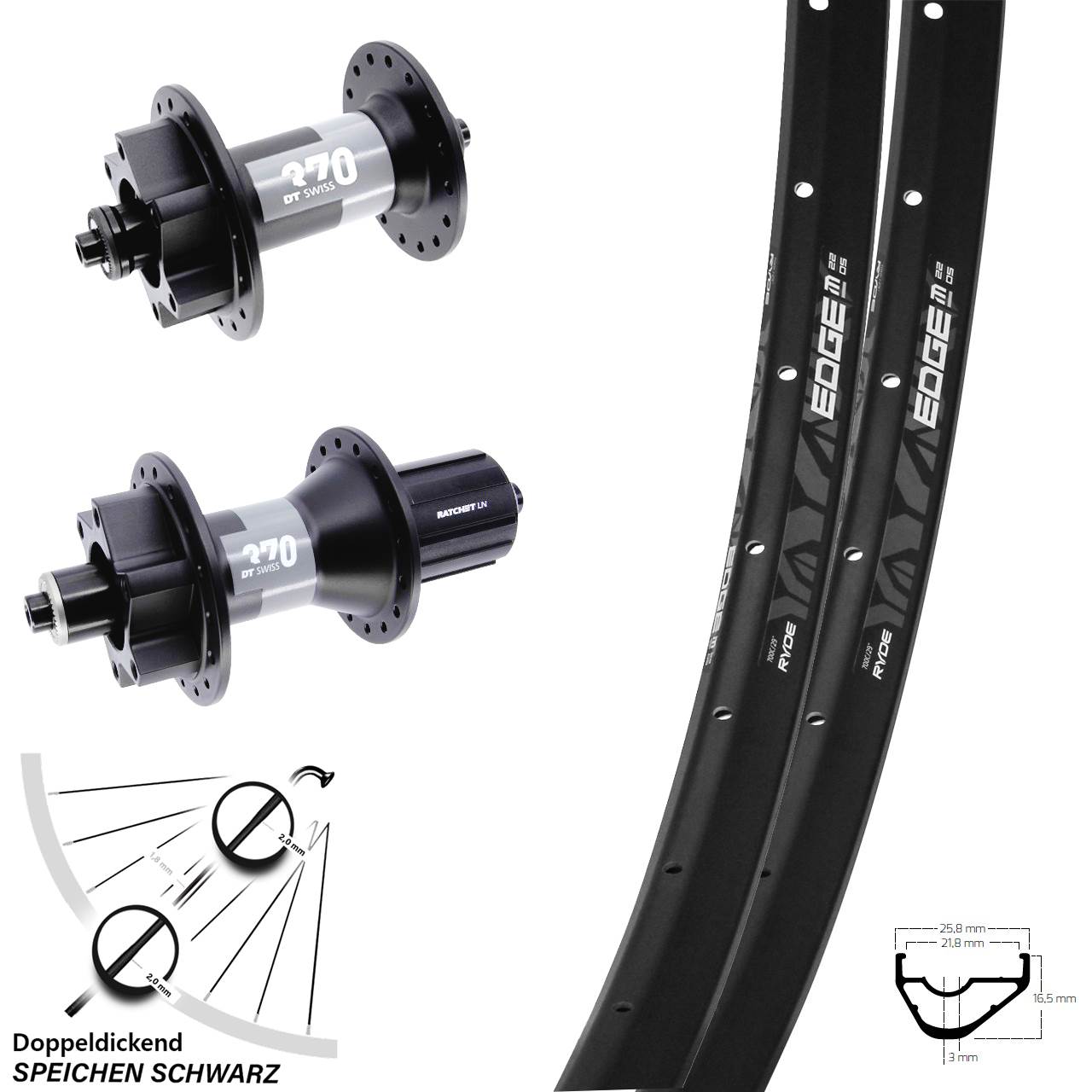Laufradsatz 6-Loch 29 Zoll Ryde Edge M22 OS DT Swiss 370 8-11 fach QR