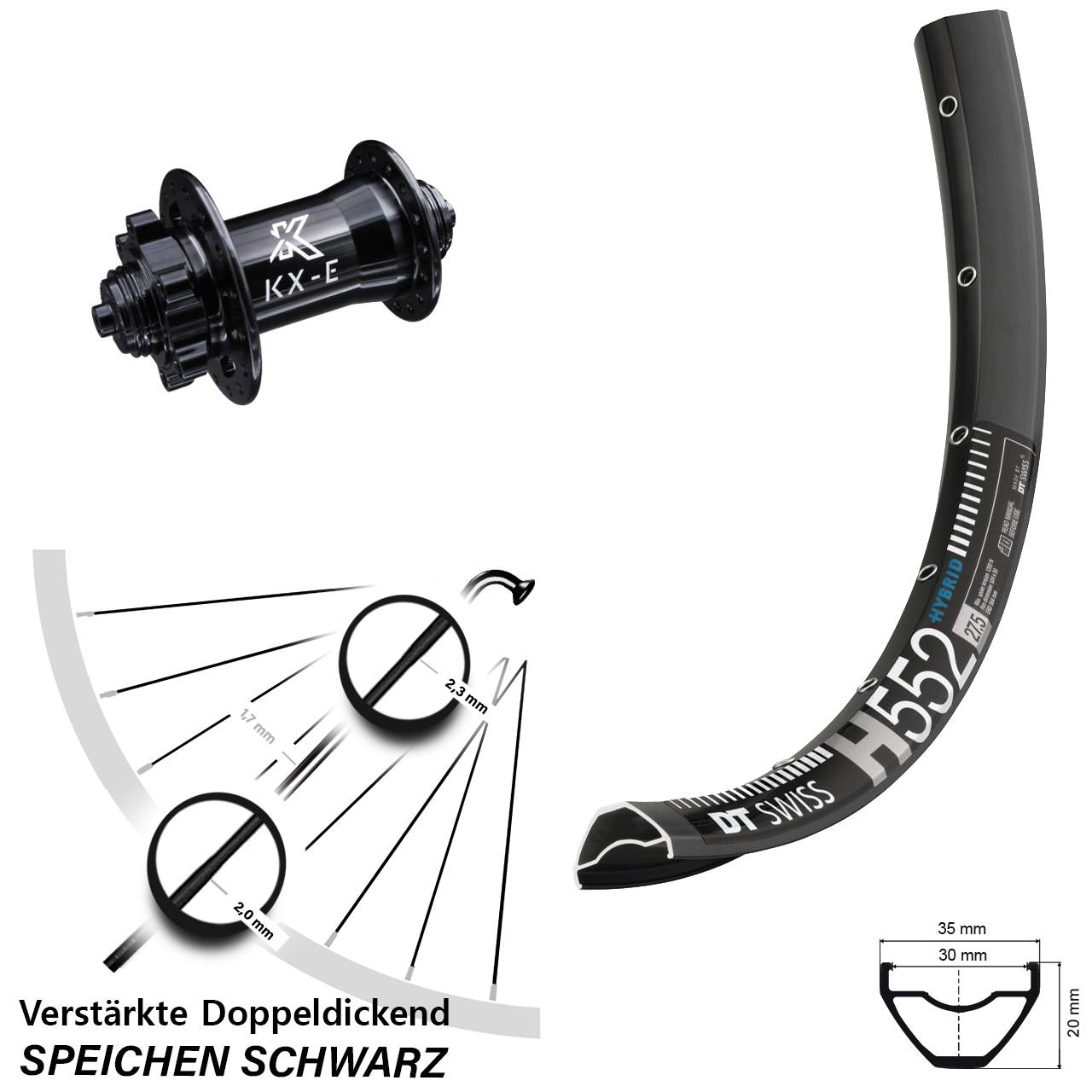 Vorderrad 29 Zoll DT Swiss H 552 mit KX-E Nabe 5x100 mm 6-Loch E-Bike