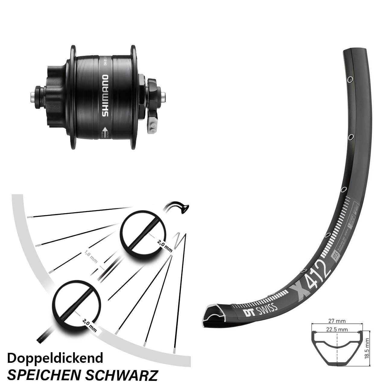 28-29 Zoll DT Swiss X412 Shimano DH-3D32 Dynamo-Vorderrad 6-Loch QR