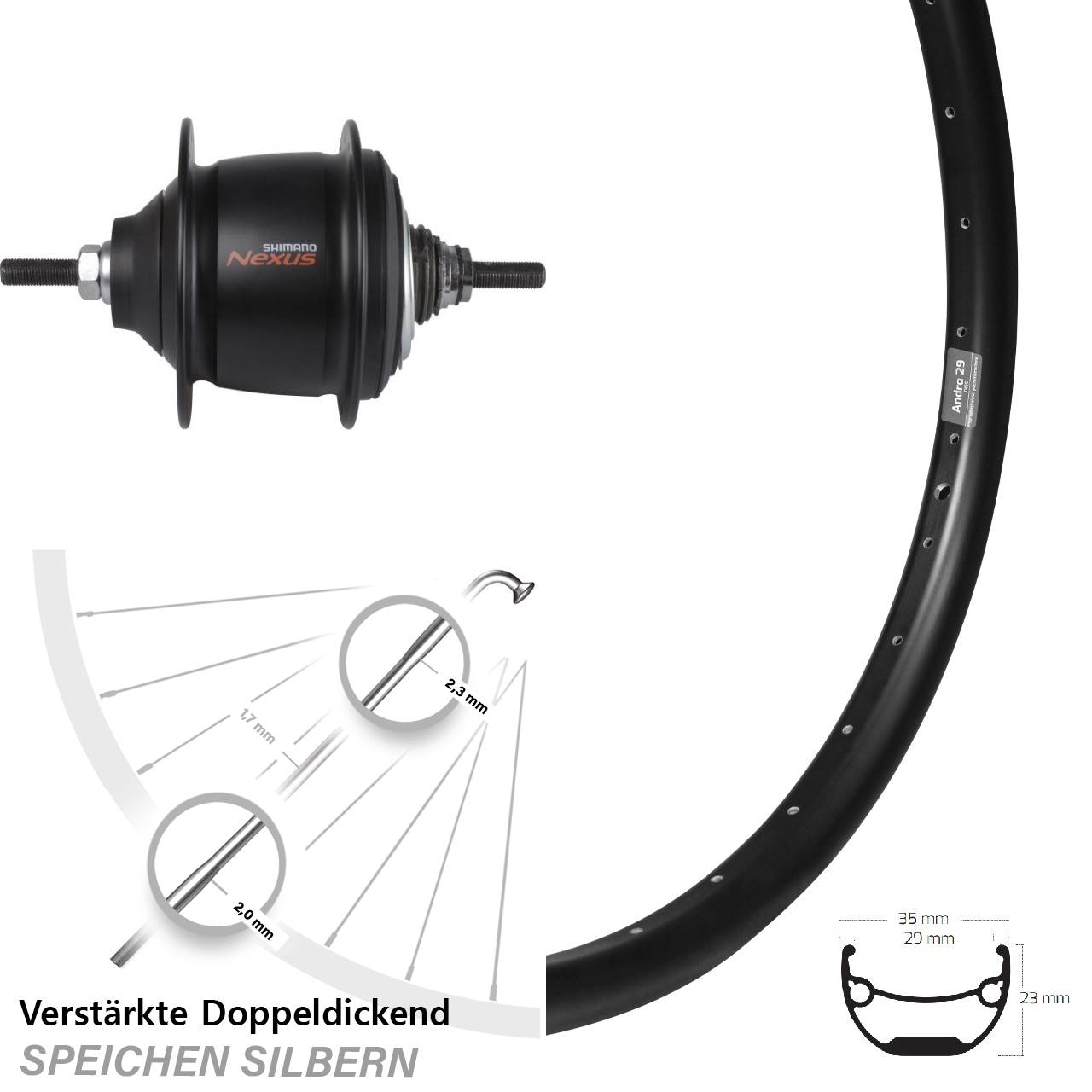 Shimano Nexus 8-Gang Premium Ryde Andra 29 Zoll Hinterrad für Rollenbremse