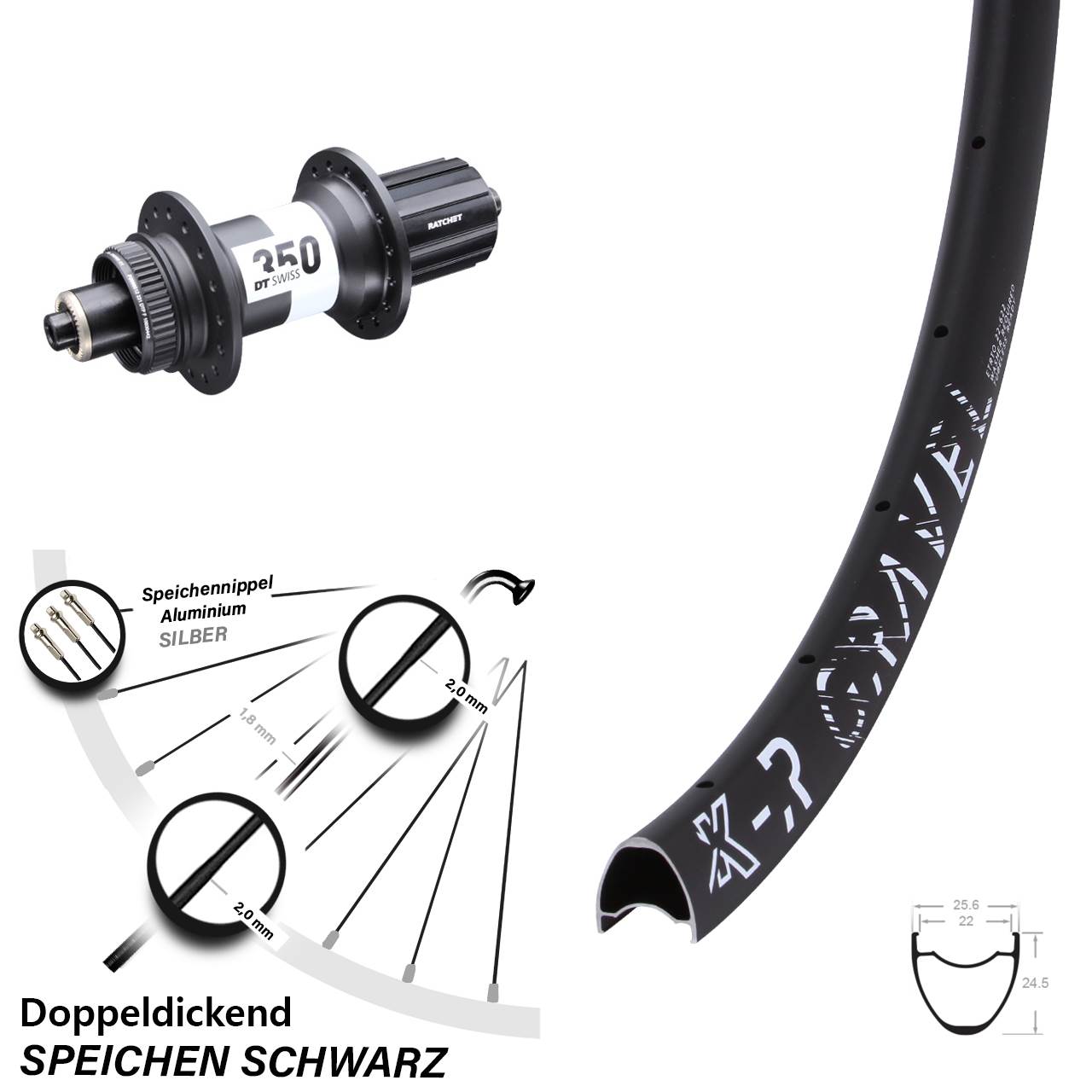 Hinterrad DT Swiss 350 Centerlock 5x135 mm Schnellspanner KX-R Gravel 22-622 ETRTO