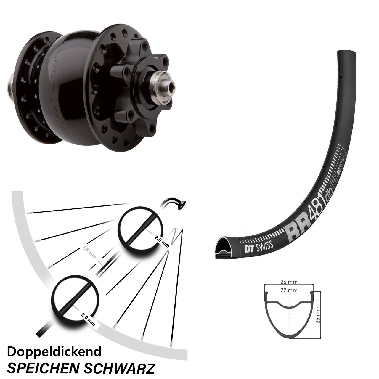 Nabendynamolaufrad SON 28 Disc 6-Loch Zoll DT Swiss RR 481 DB Schnellspanner