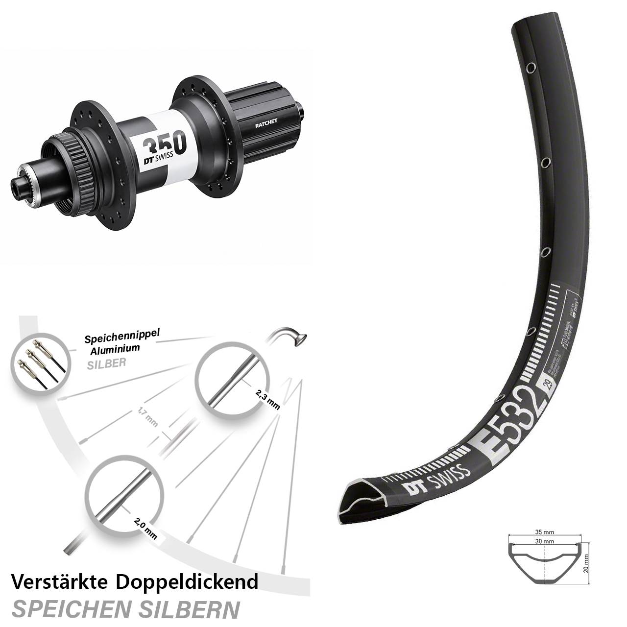 DT Swiss E 532-350 29 Zoll Hinterrad Centerlock für Schnellspanner 8-11 fach