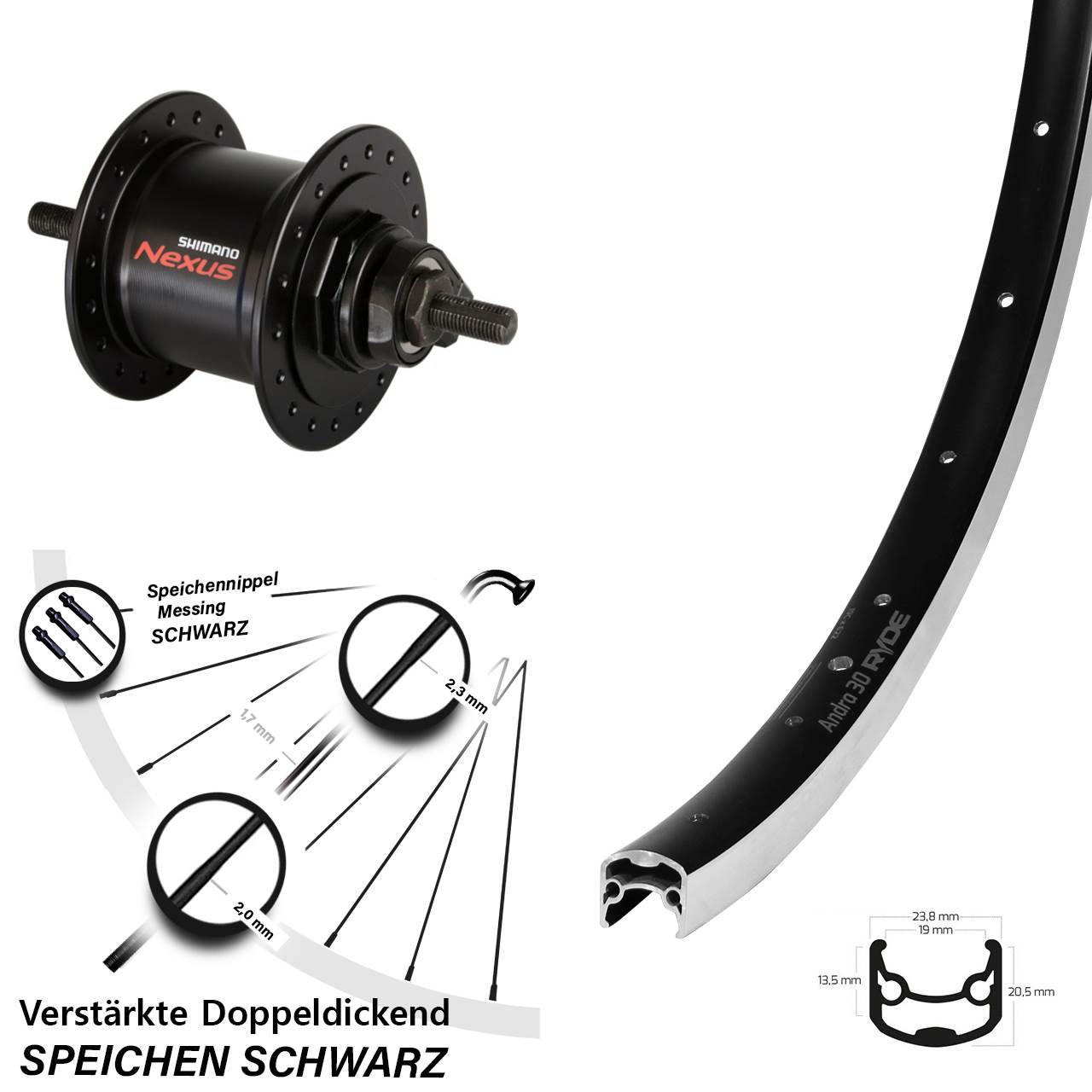 Ryde Andra 30 Shimano Nexus DH-C3000-1N 26 Zoll Laufrad mit Nabendynamo Vollachse