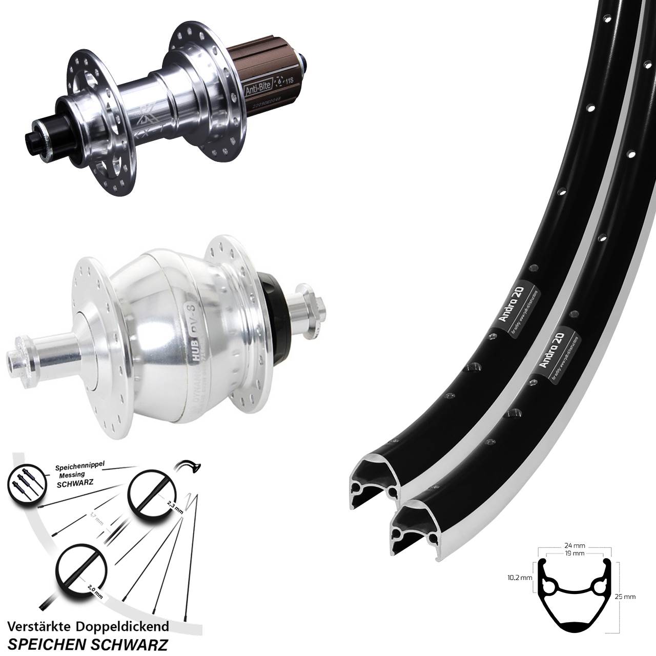 28 Zoll Ryde Andra 20 KX-T Shutter PV-8 Laufrad-Satz QR 8-12 fach