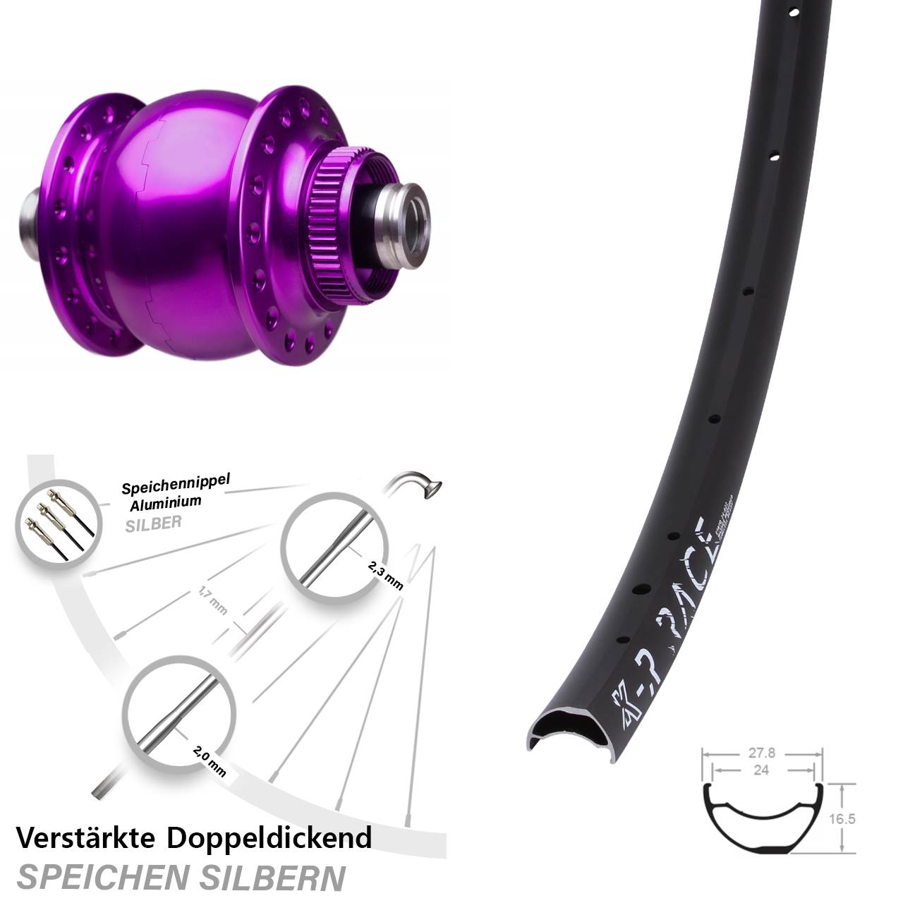 28-29 Zoll SON 28 violett KX-R Race Zoll Disc Vorderrad mit Nabendynamo 12x100