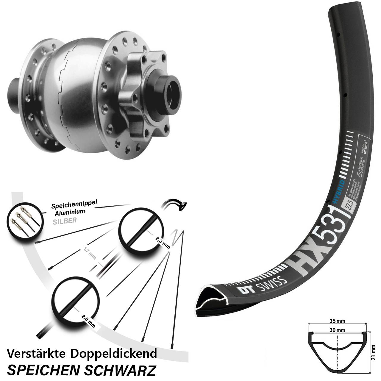 Disc Laufrad mit Nabendynamo 29 Zoll DT Swiss HX531 SON 28 15x100
