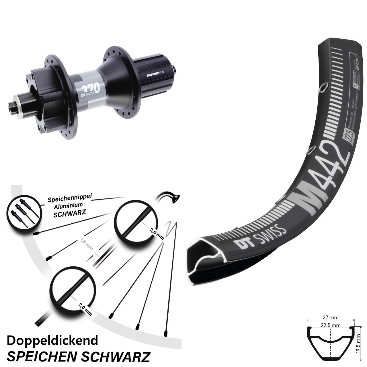 6-Loch Hinterrad 28 Zoll DT Swiss M442 370 8-11 fach HG für Schnellspanner Boost
