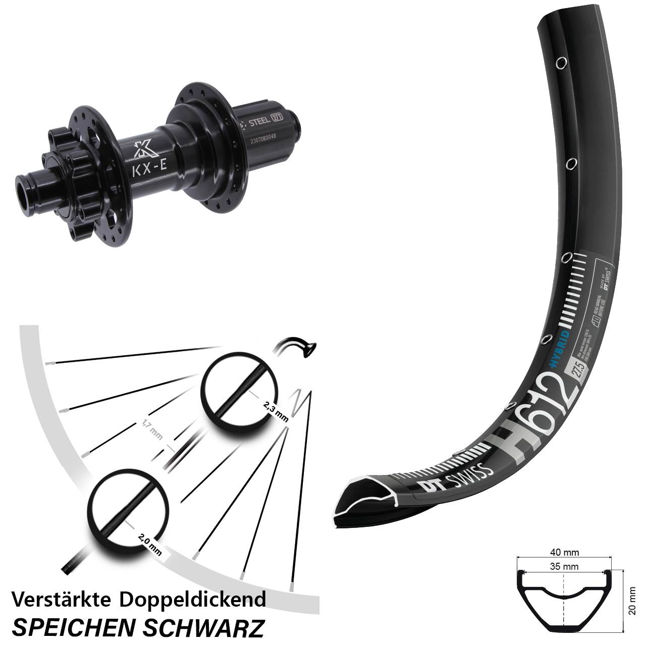 Boost Hinterrad 6-Loch 12x148 27,5 Zoll DT Swiss H612 KX-E Stahl Freilauf 8-12 fach