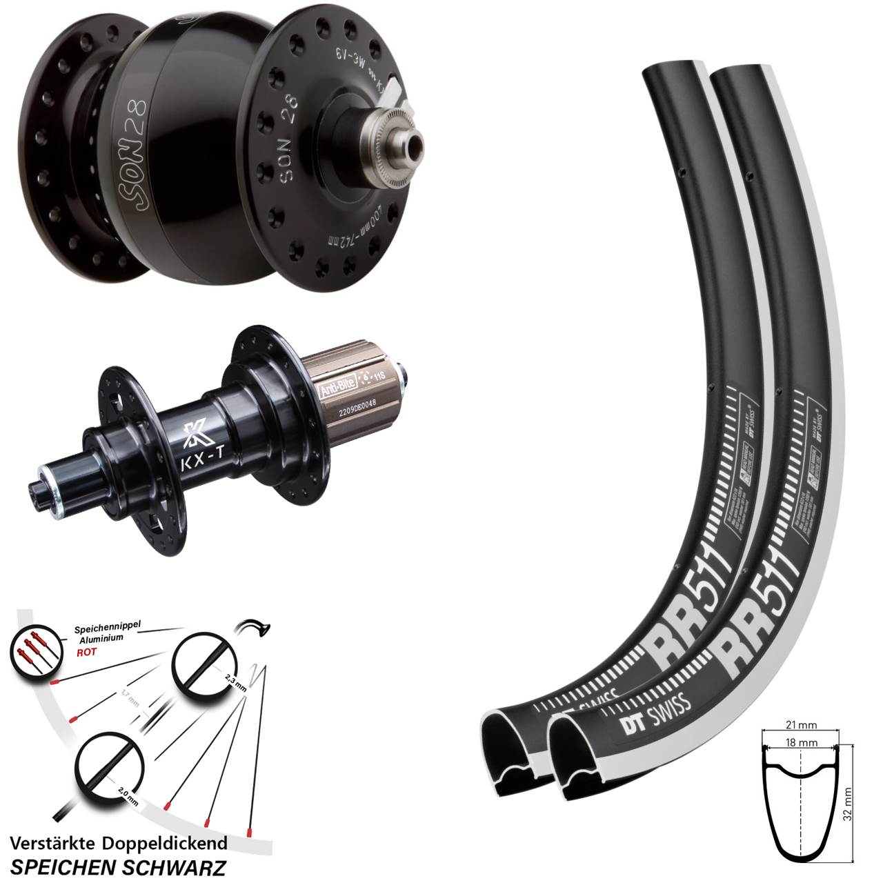 DT Swiss RR 511 KX-T SON 28 Zoll Laufrad-Satz QR 8-11 fach schwarz