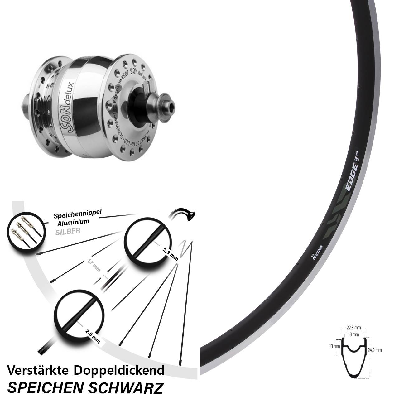 SONdelux poliert Ryde Edge R25 28 Zoll Laufrad mit Nabendynamo QR