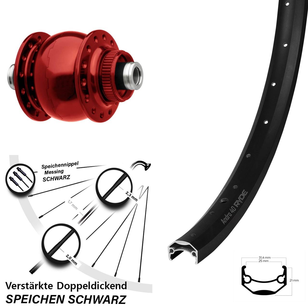 Disc Nabendynamo-Laufrad 26 Zoll Ryde Andra 40 SON 28 rot 12x100