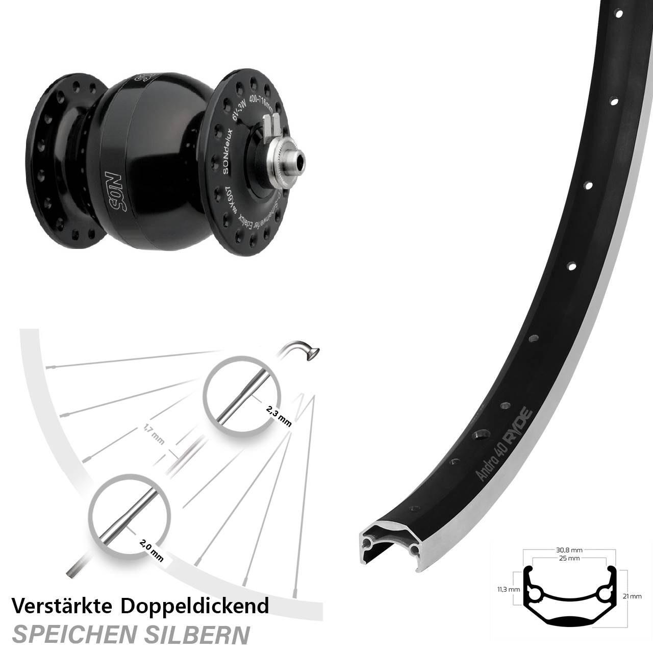Nabendynamolaufrad 28 Zoll Ryde Andra 40 SON delux wide body QR