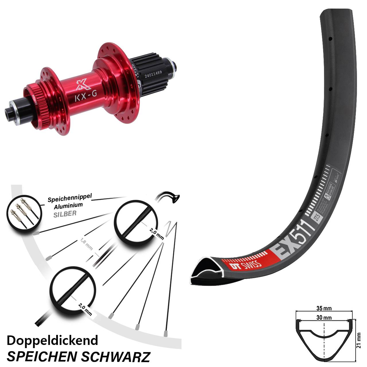 27,5 Zoll DT Swiss EX 511 Hinterrad KX-G rot Micro Spline