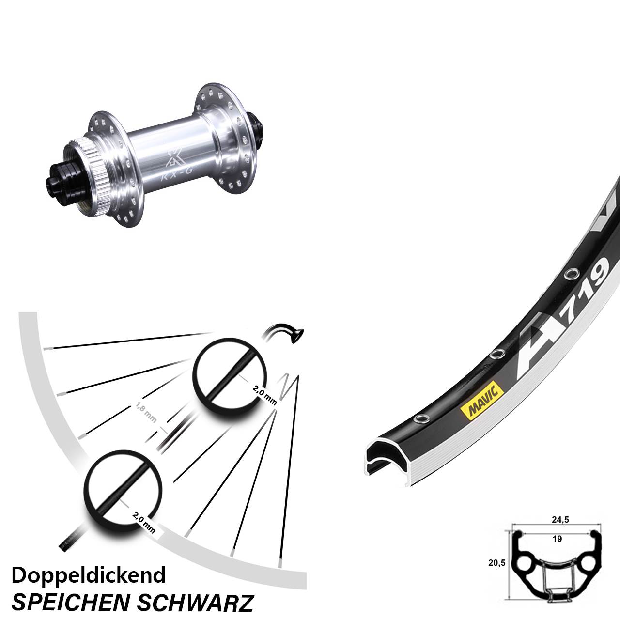 Mavic A 719 Felgenbremse Vorderrad 28 Zoll KX-G silbern Nabe 5x100 mm