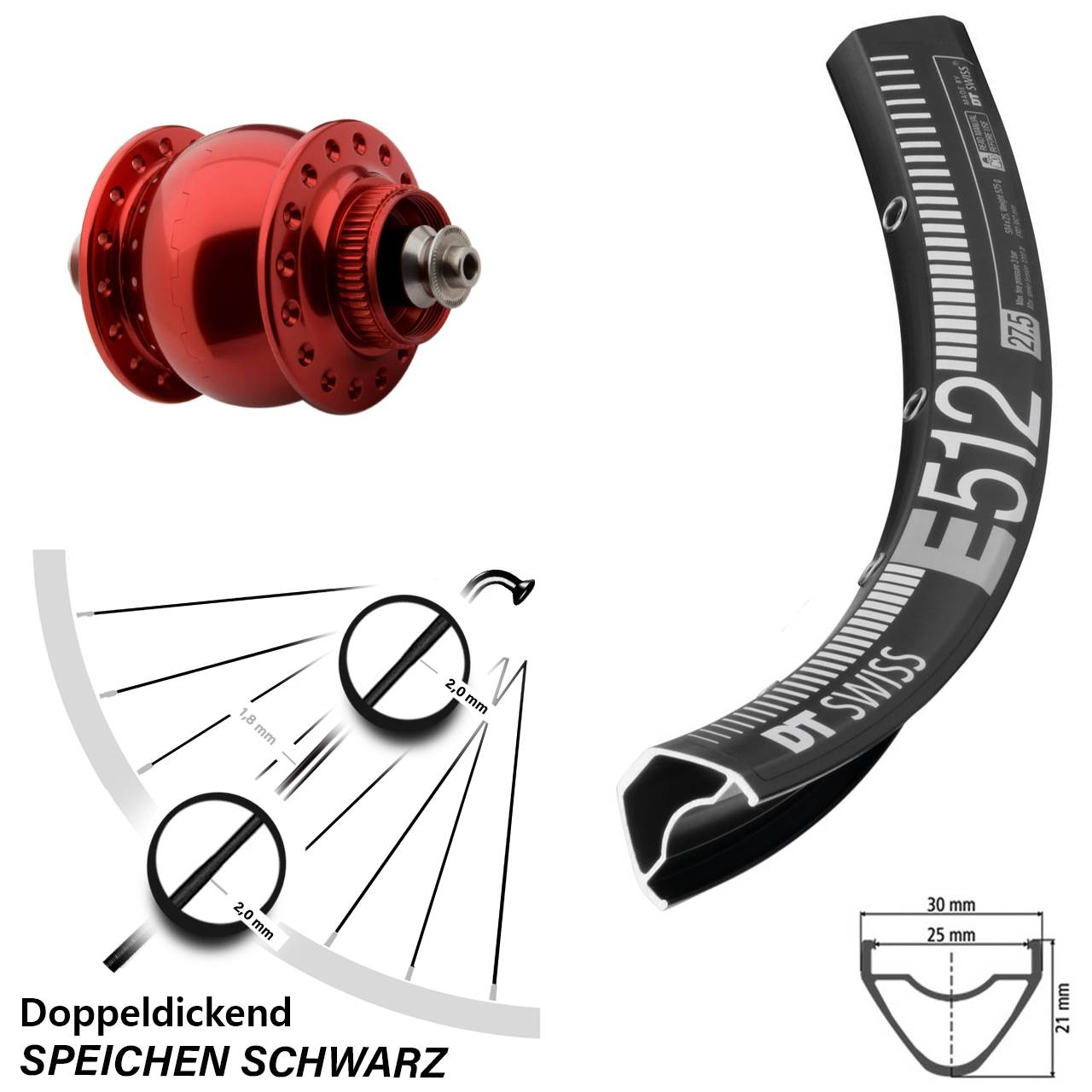 Nabendynamo-Vorderrad Centerlock 650B DT Swiss E 512 SON delux rot QR