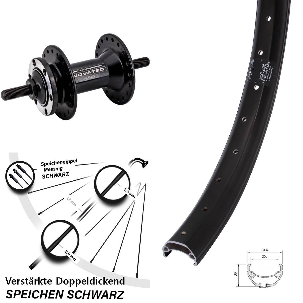 6-Loch Vorderrad Vollachse 20 Zoll Mach1 Kargo Novatec D763
