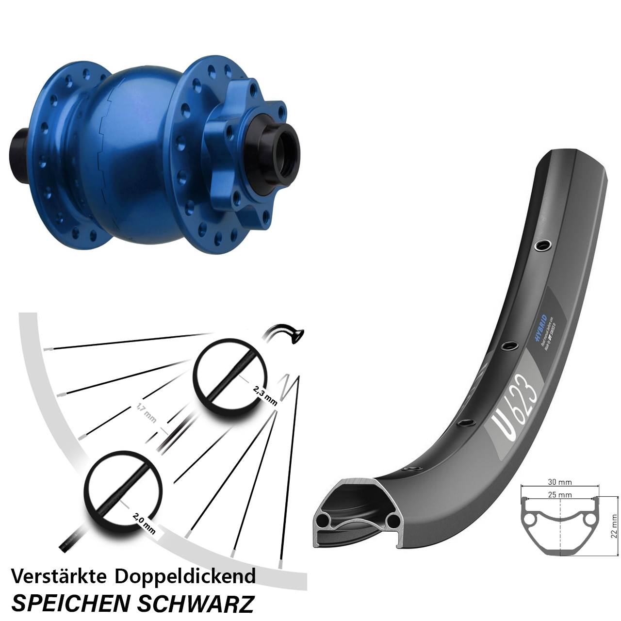 SON 28 blau DT Swiss U623 29 Zoll Vorderrad mit Nabendynamo 6-Loch 15x110 Boost