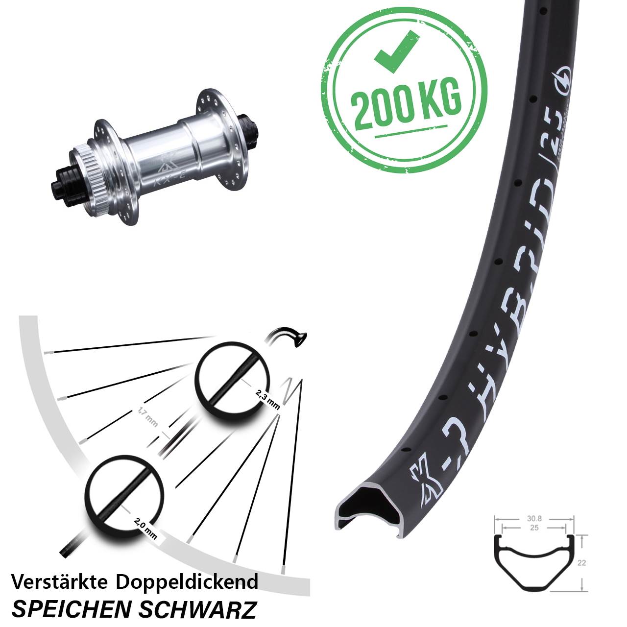 650B KX-R Hybrid 25 verstärkt Vorderrad Centerlock für Schnellspanner