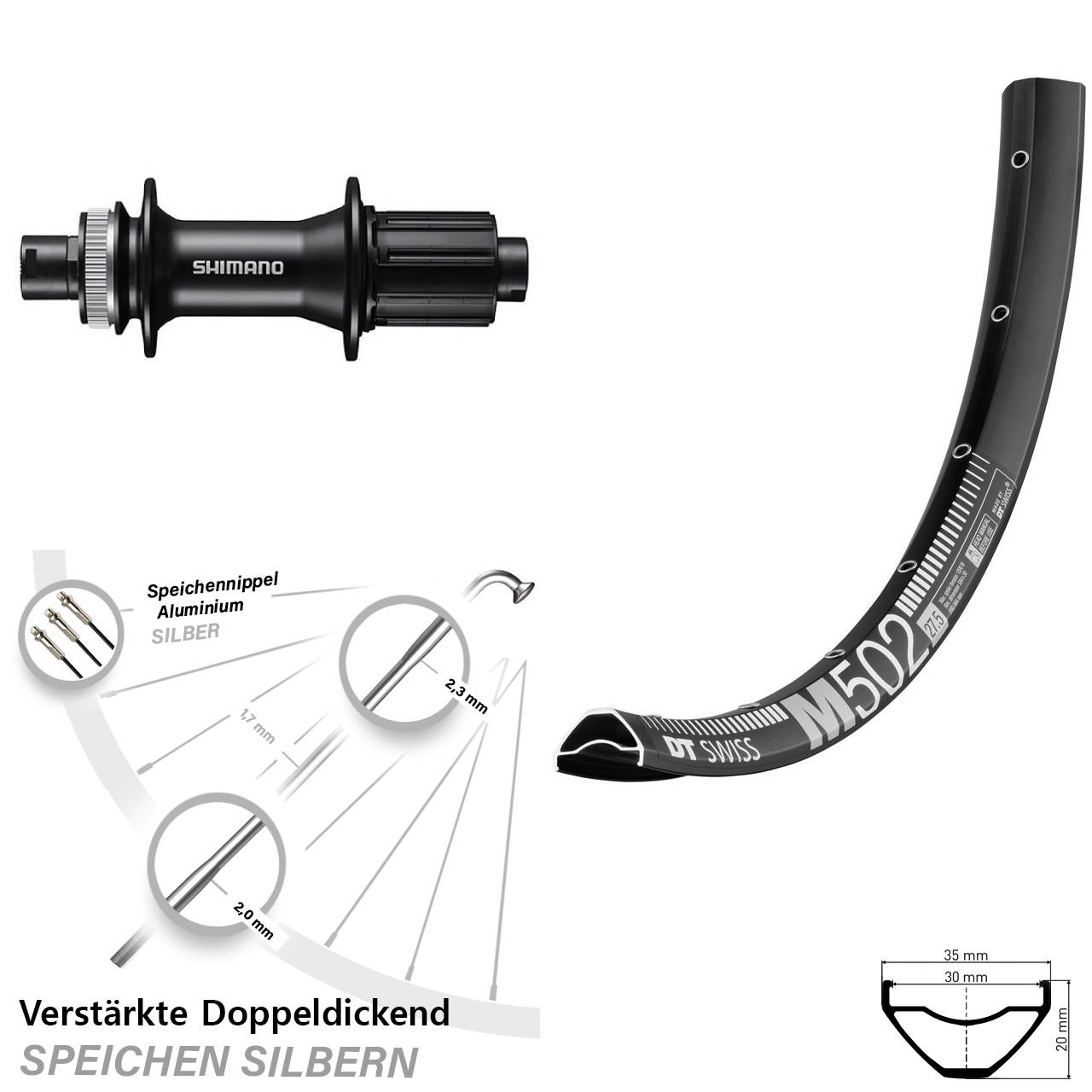 Disc Hinterrad 12x142 29 Zoll DT Swiss M 502 Shimano FH-MT400 8-11 fach HG