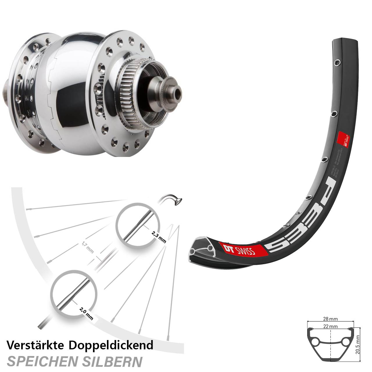 29 Zoll DT Swiss 533d SON 28 poliert Centerlock Vorderrad Schnellspanner