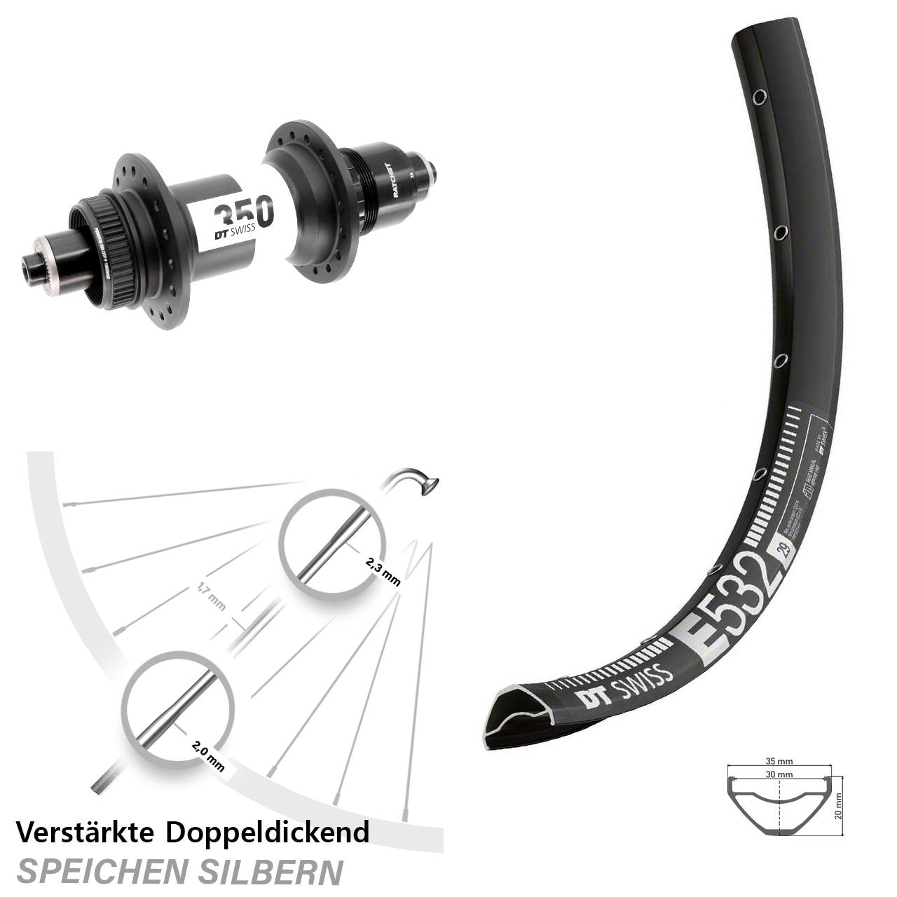 29 Zoll DT Swiss E 532-350 Hinterrad Centerlock für Schnellsp. XD