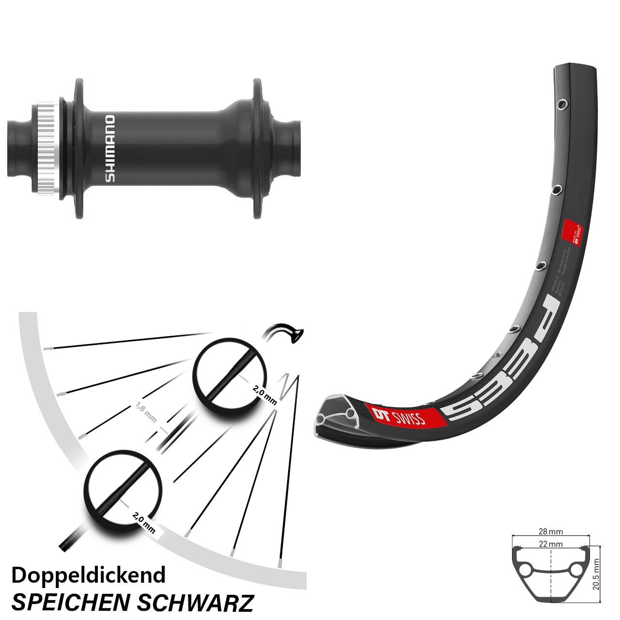 schwarzes 26 Zoll Vorderrad DT Swiss 533 D Shimano HB-MT410 Steckachse Centerlock
