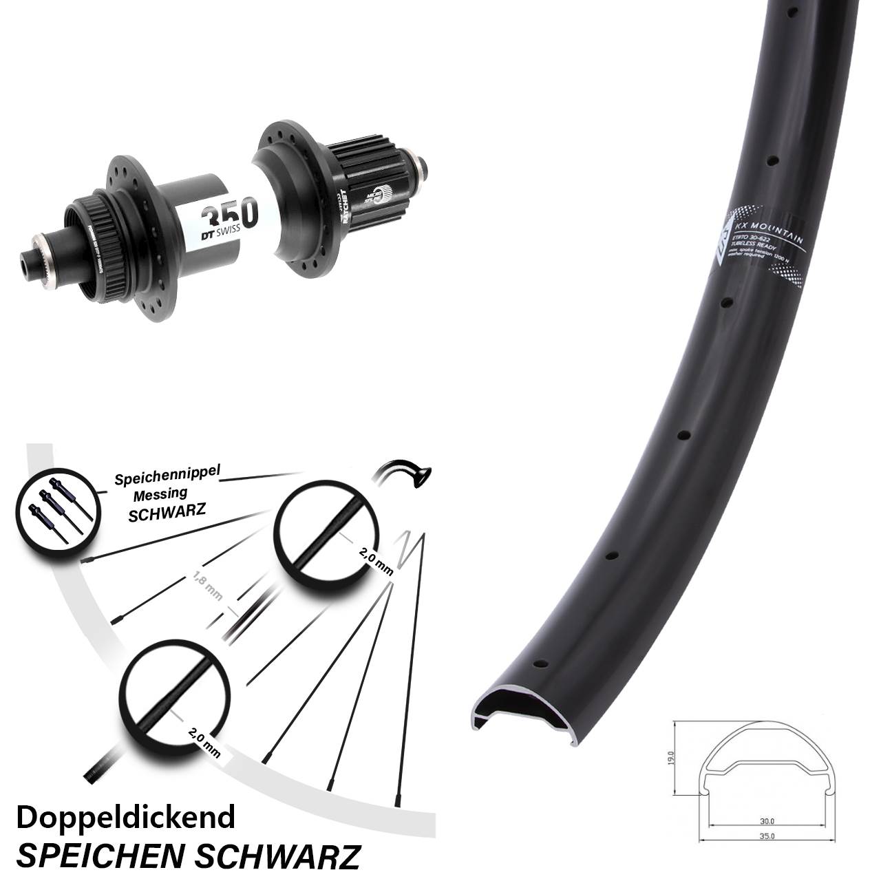 29 Zoll KX Mountain DT Swiss 350 Boost Hinterrad Centerlock QR Boost Micro Spline
