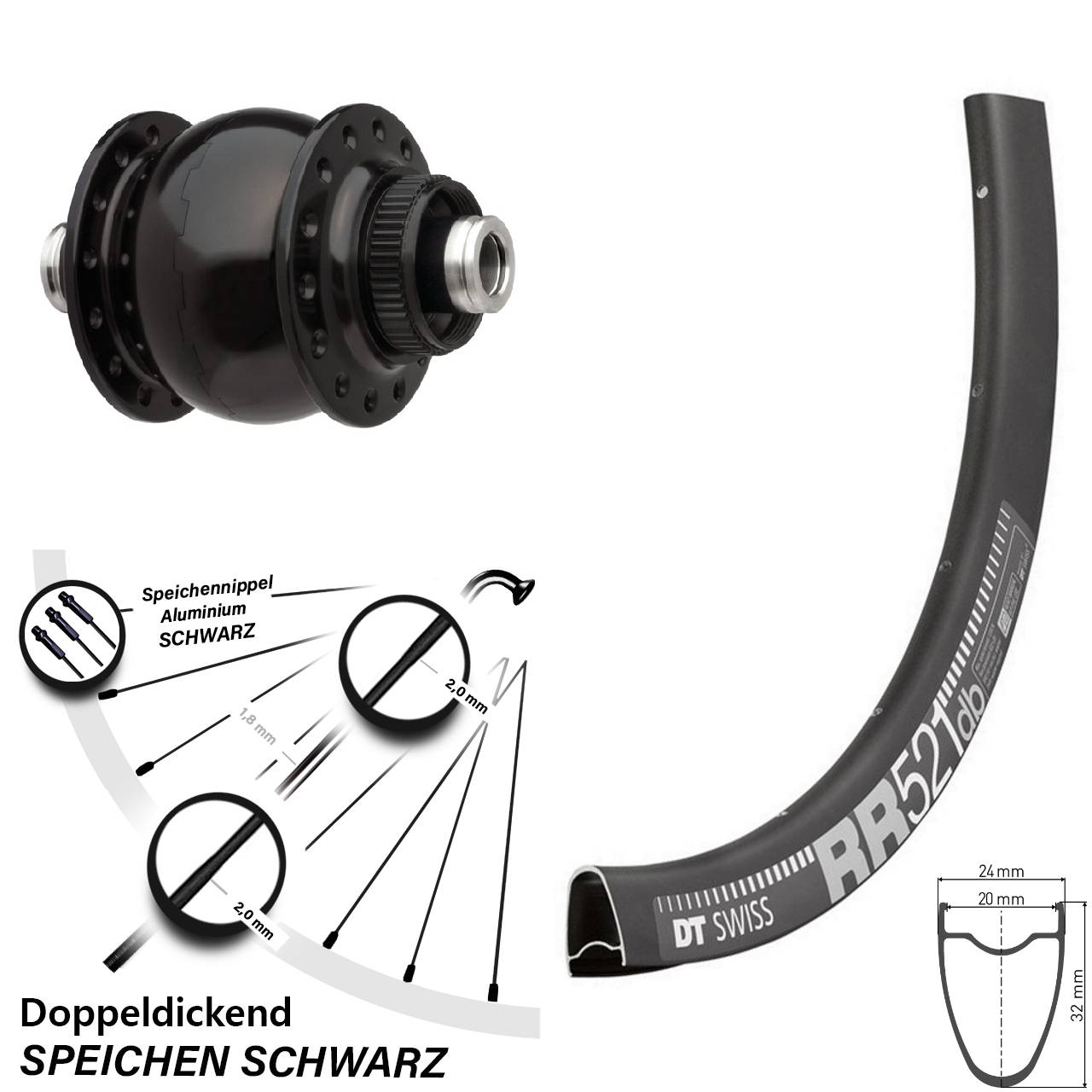 Vorderrad 28 Zoll DT Swiss RR 521 mit Son Nabendynamo 28-12 Disc schwarz