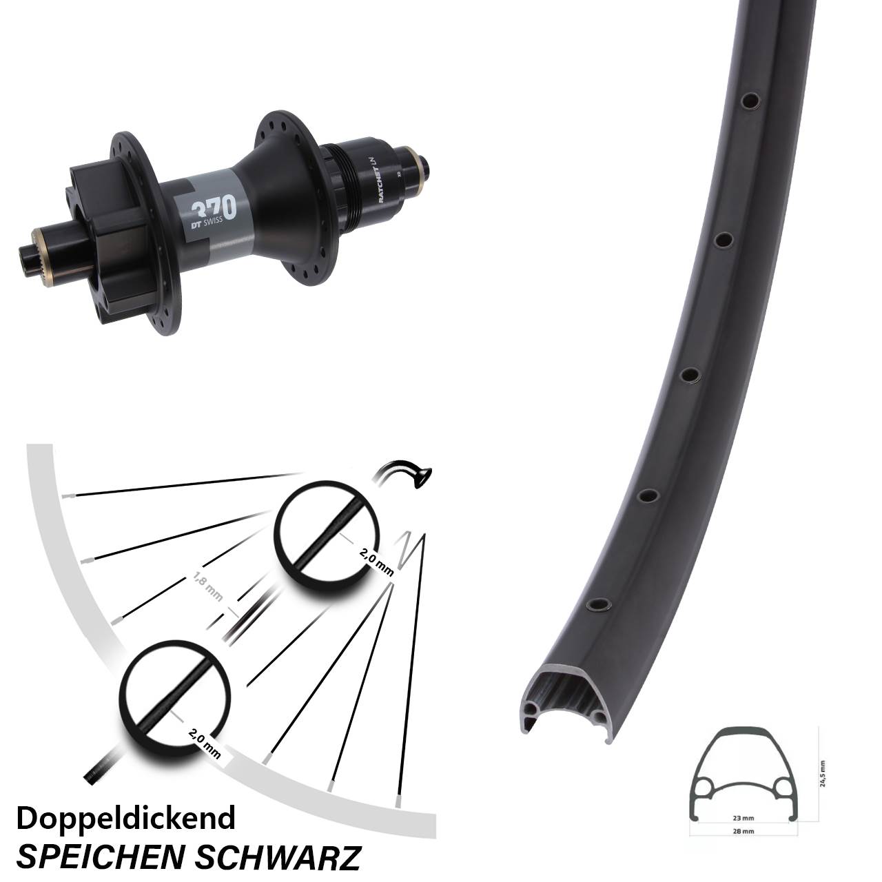Hinterrad 6-Loch für Schnellspanner 28 Zoll Ambrosio Sport DT Swiss 370 XD 11-12 fach