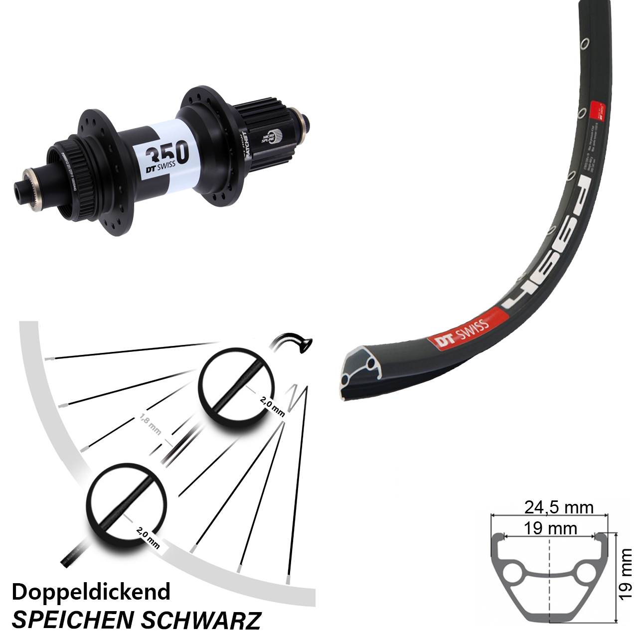 28 Zoll DT Swiss 466-350 Centerlock Hinterrad für Schnellspanner Micro Spline