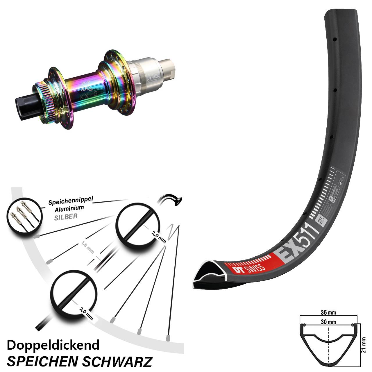 29 Zoll DT Swiss EX511 KX-G Oilslick Disc Hinterrad 12x142