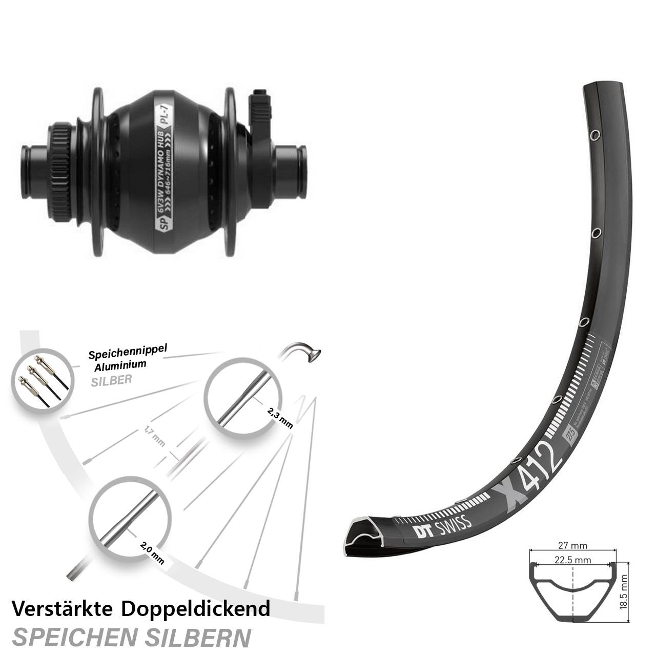 Disc Vorderrad mit Nabendynamo 12x100 29 Zoll DT Swiss X 412 Shutter PL-7