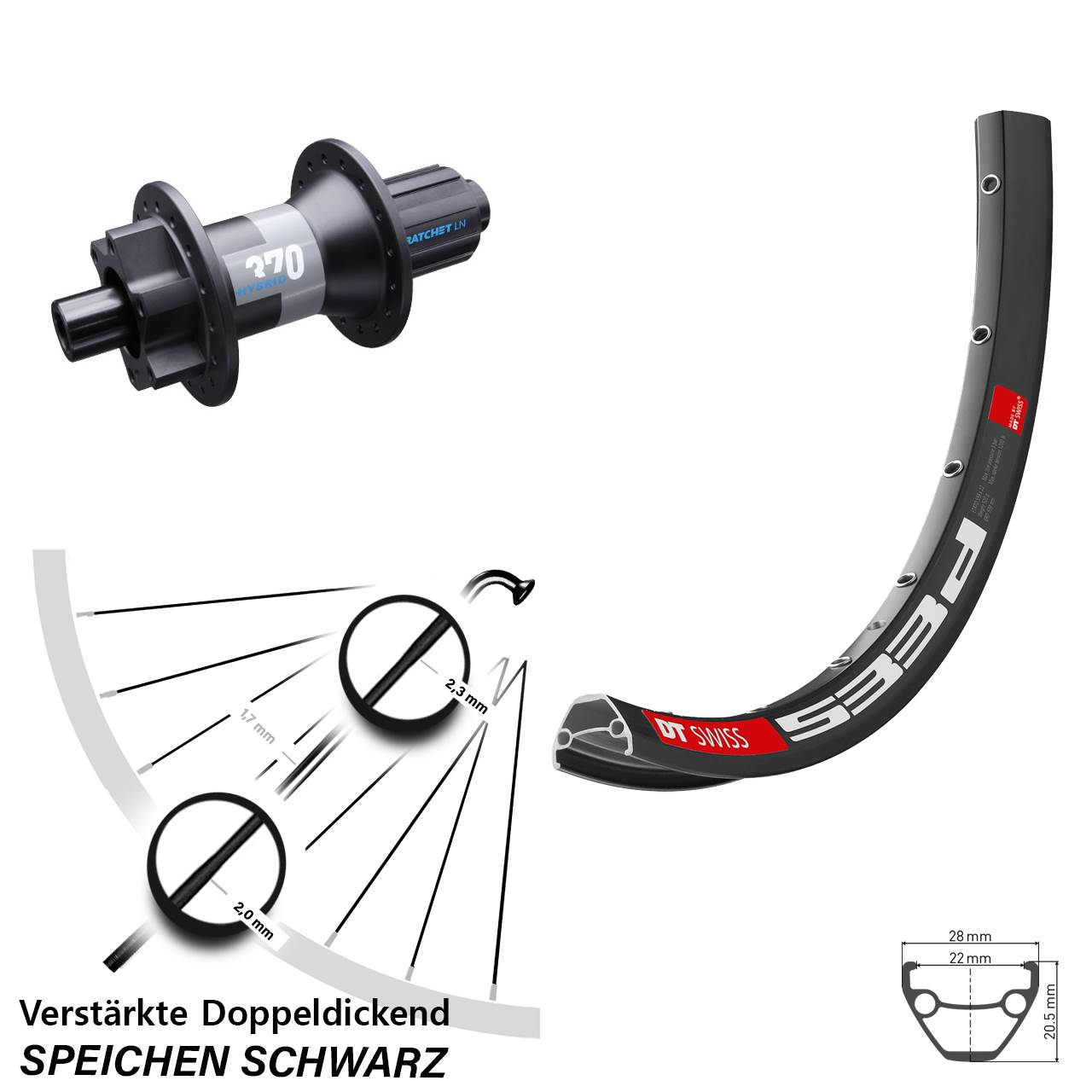 DT Swiss 533 D Hybrid 370 650B Disc Hinterrad 12x148 8-11 fach HG