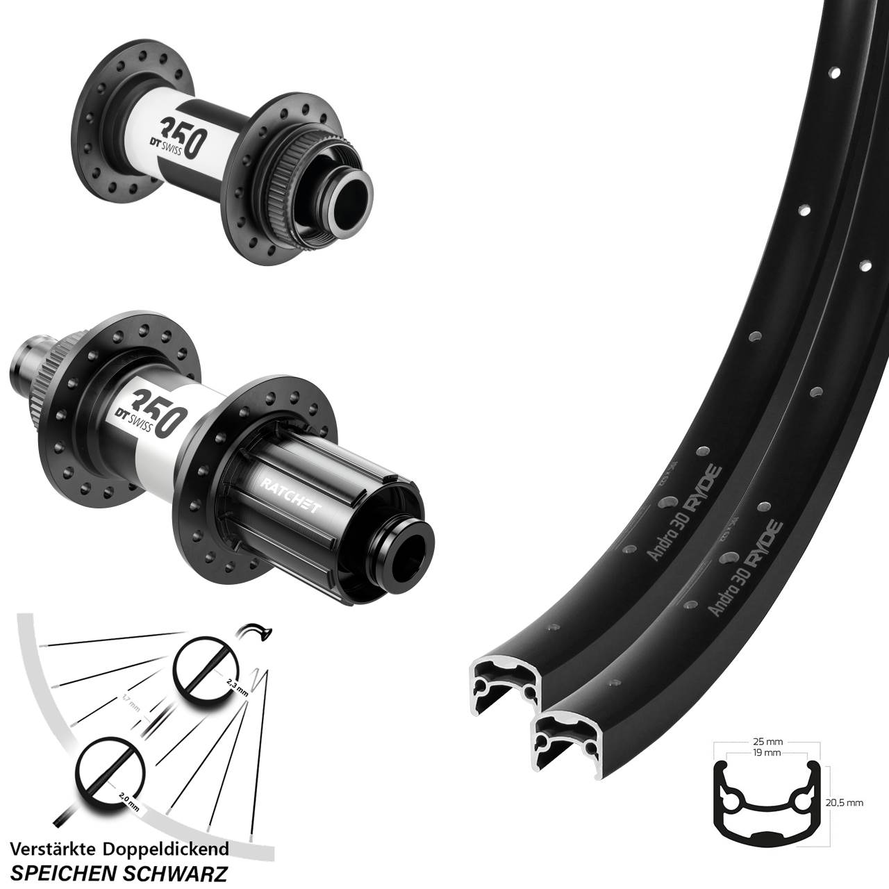 28 Zoll Ryde Andra 30 DT Swiss 350 Disc Laufrad-Satz 15x100 12x142 8-11 fach HG