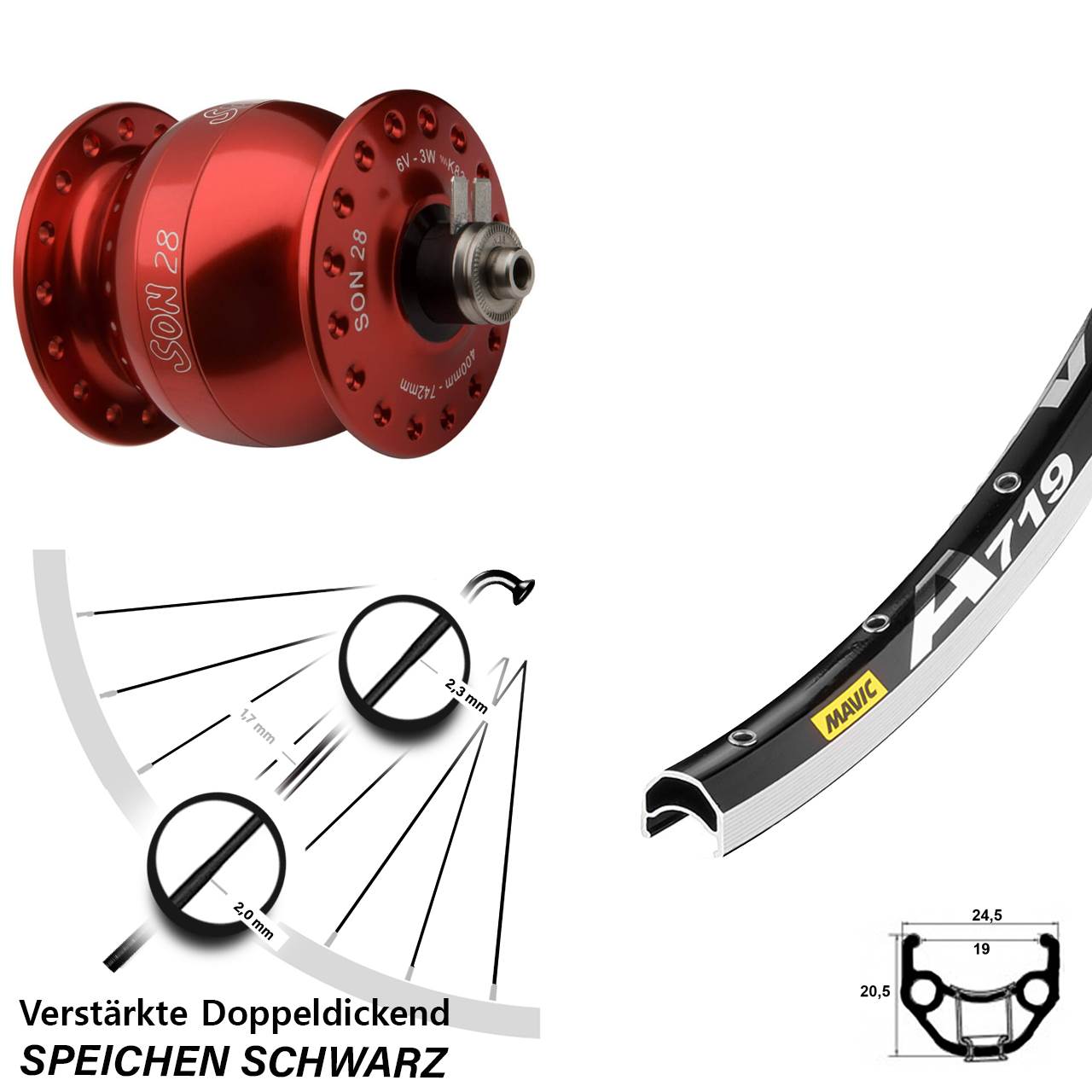Mavic A 719 roter SON 28 Zoll Laufrad mit Nabendynamo QR
