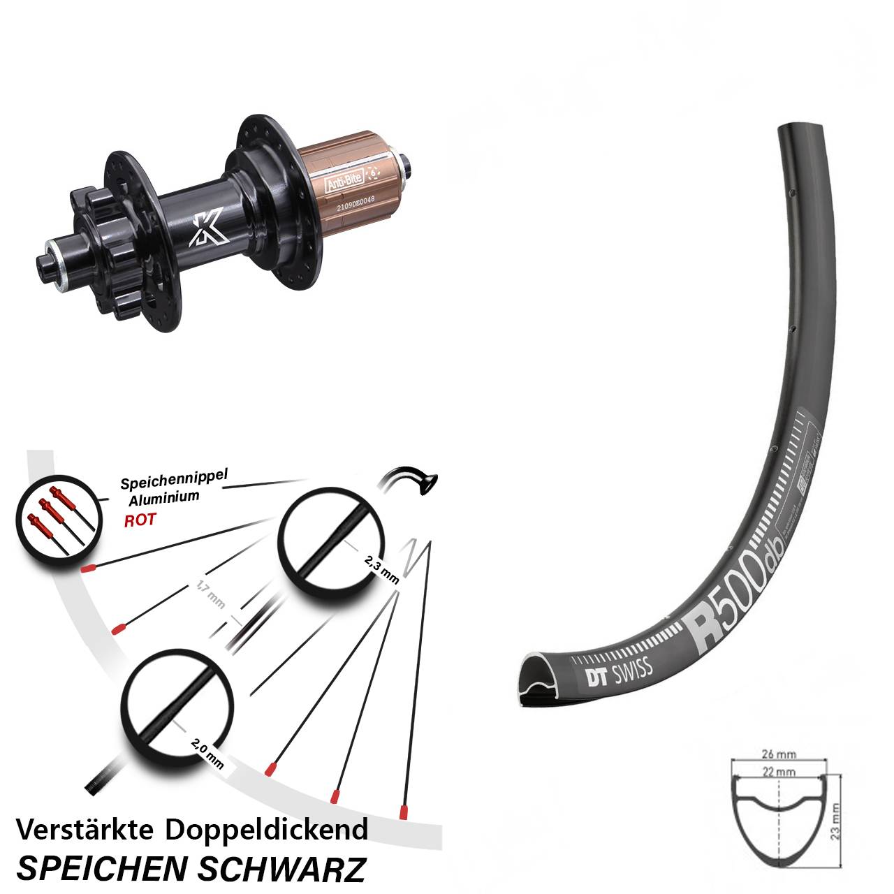 DT Swiss R 500 KX-M 28-29 Zoll Disc Laufrad QR 8-12 fach