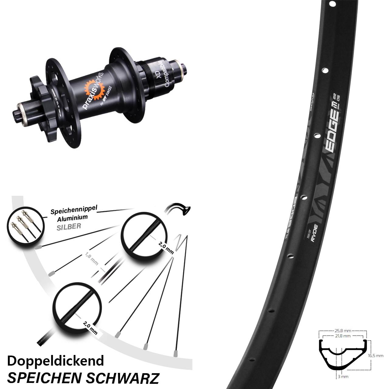 Ryde Edge M22 OS Hinterrad 29 Zoll 5/135 mm DT Swiss 350 SL Disc 6-Loch Sram XD