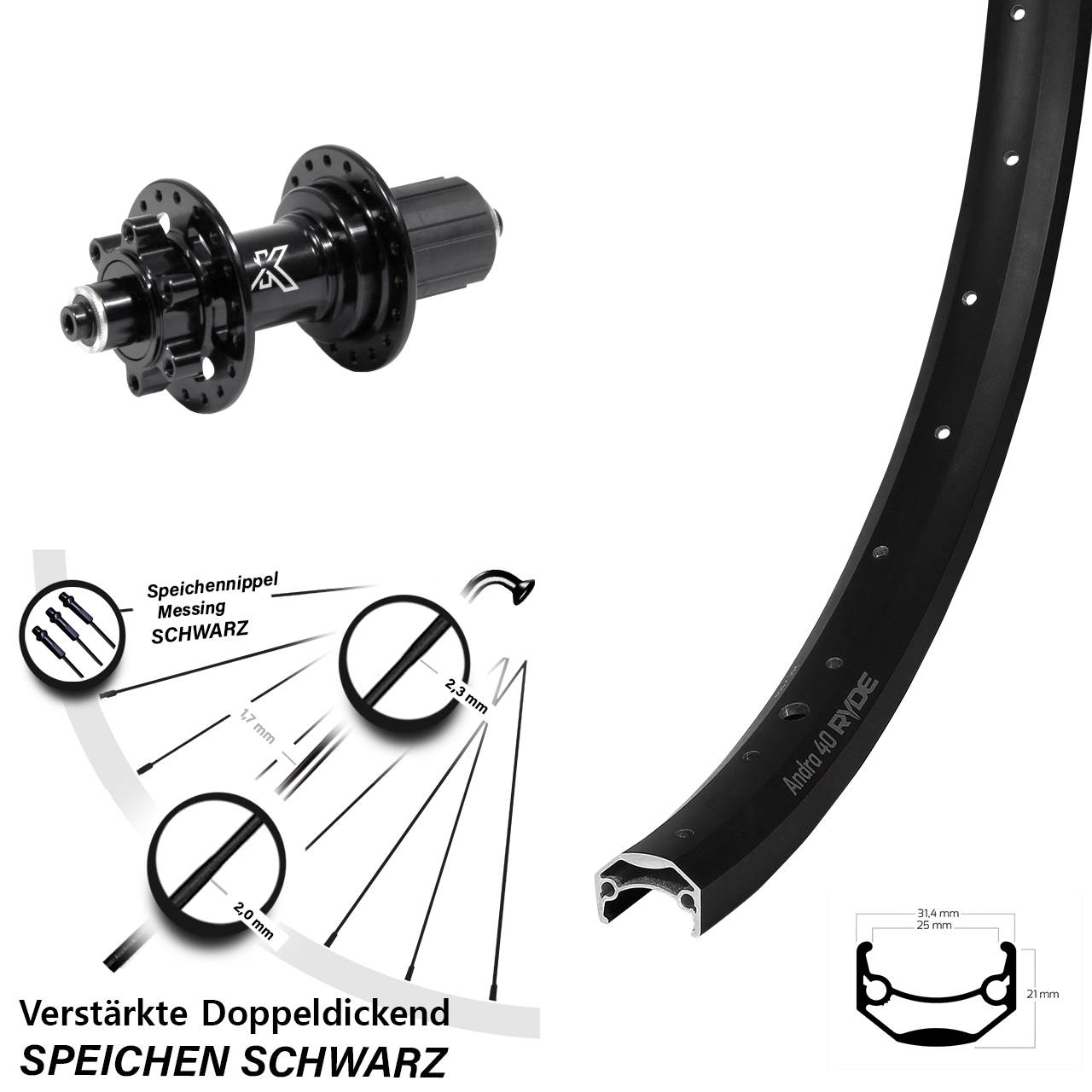 Disc Hinterrad QR 26 Zoll Ryde Andra 40 KX-M Heavy Duty 8-12 fach HG
