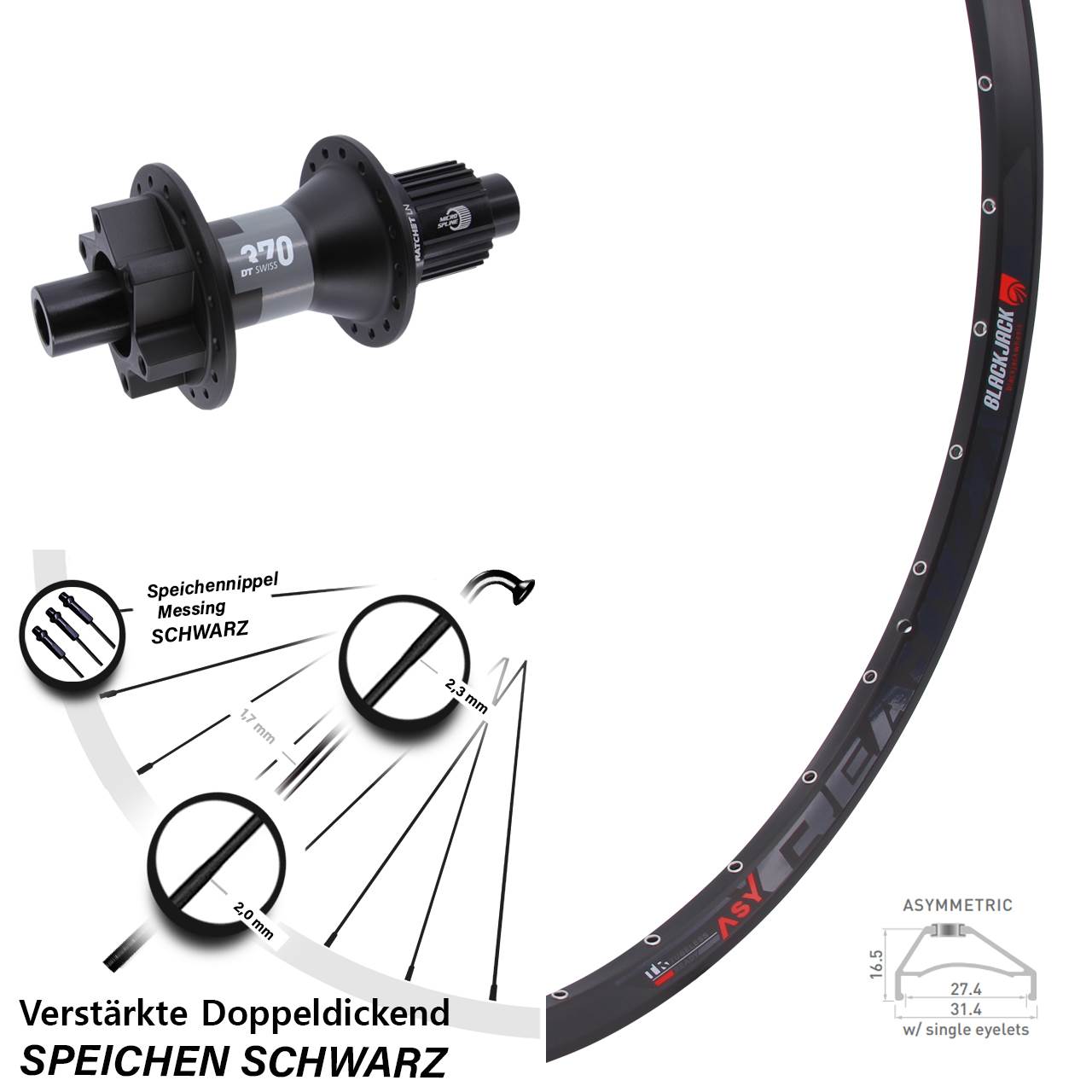 27,5 Zoll Rodi Ready 27 DT Swiss 370 6-Loch Hinterrad 12x142 Micro Spline