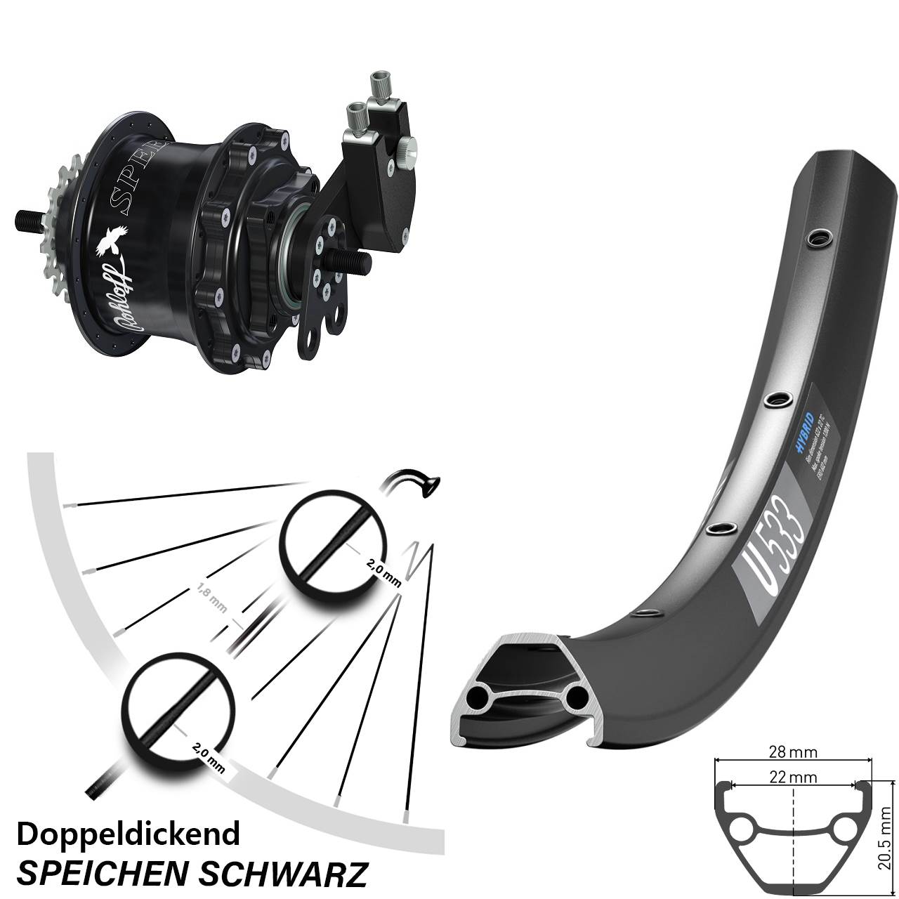 Hinterrad 26 Zoll DT Swiss U 533 Rohloff Speedhub 500/14 TS DB Tandem schwarz