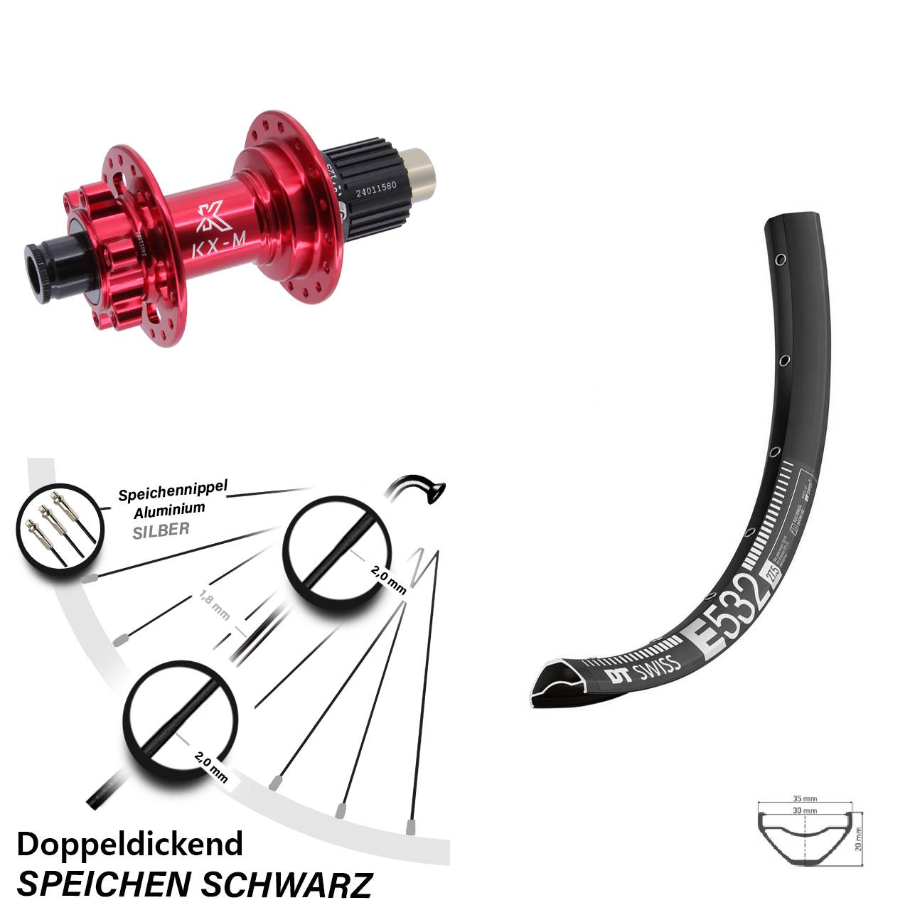 27,5 Zoll Hinterrad DT Swiss E 532 KX-M rot Micro Spline 12x142