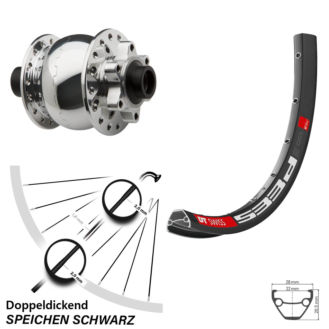 27,5 Zoll DT Swiss 533 D SON 28 poliert Disc Vorderrad mit Nabendynamo 15x100
