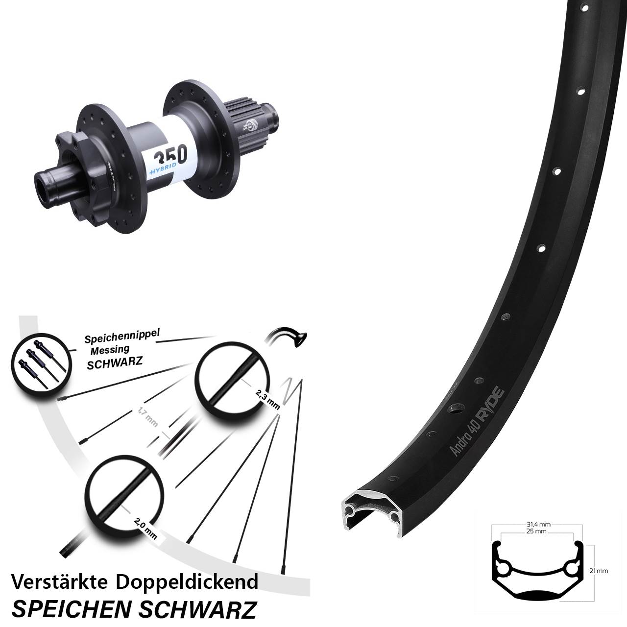 Ryde Andra 40 Disc DT Swiss Hybrid 350 20 Zoll 6-Loch Hinterrad Boost Shimano Micro Spline