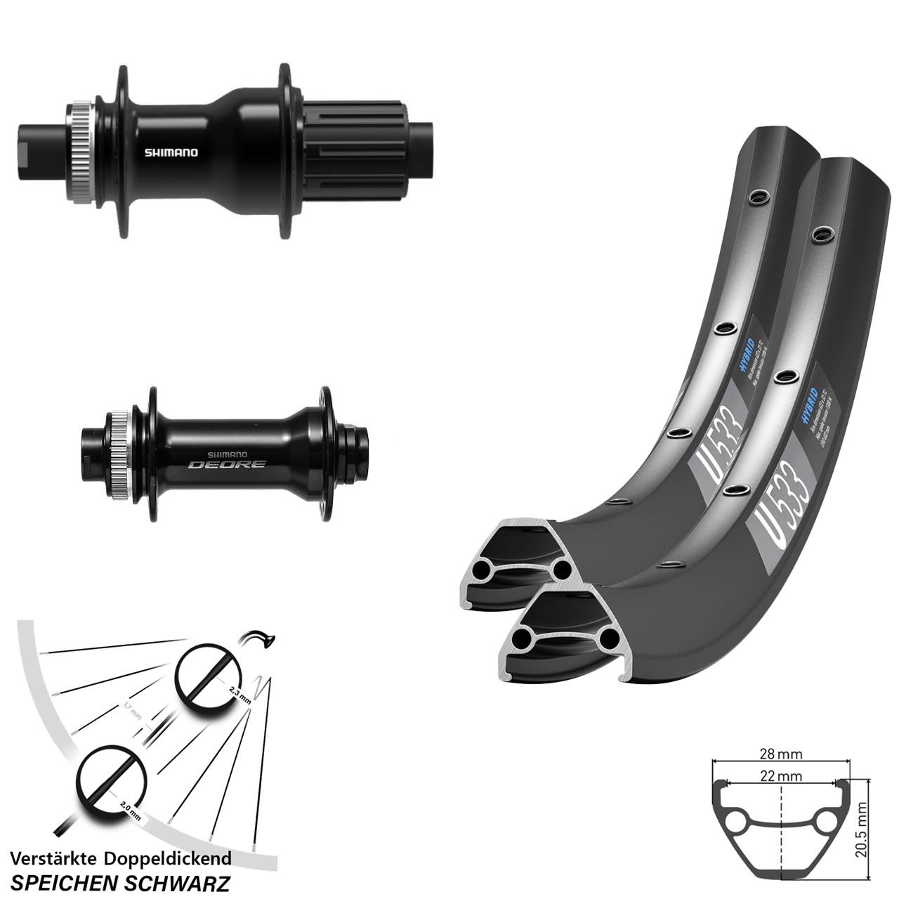 Disc Laufrad-Satz 15x110 12x148 27,5 Zoll DT Swiss U 533 Shimano Deore FH-TC500-B 8-11