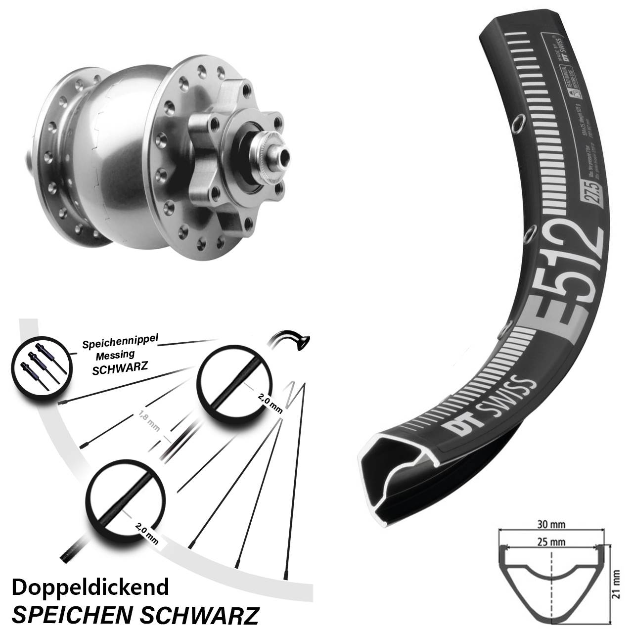 Nabendynamovorderrad 6-Loch QR 650B DT Swiss E512 SON 28 silbern