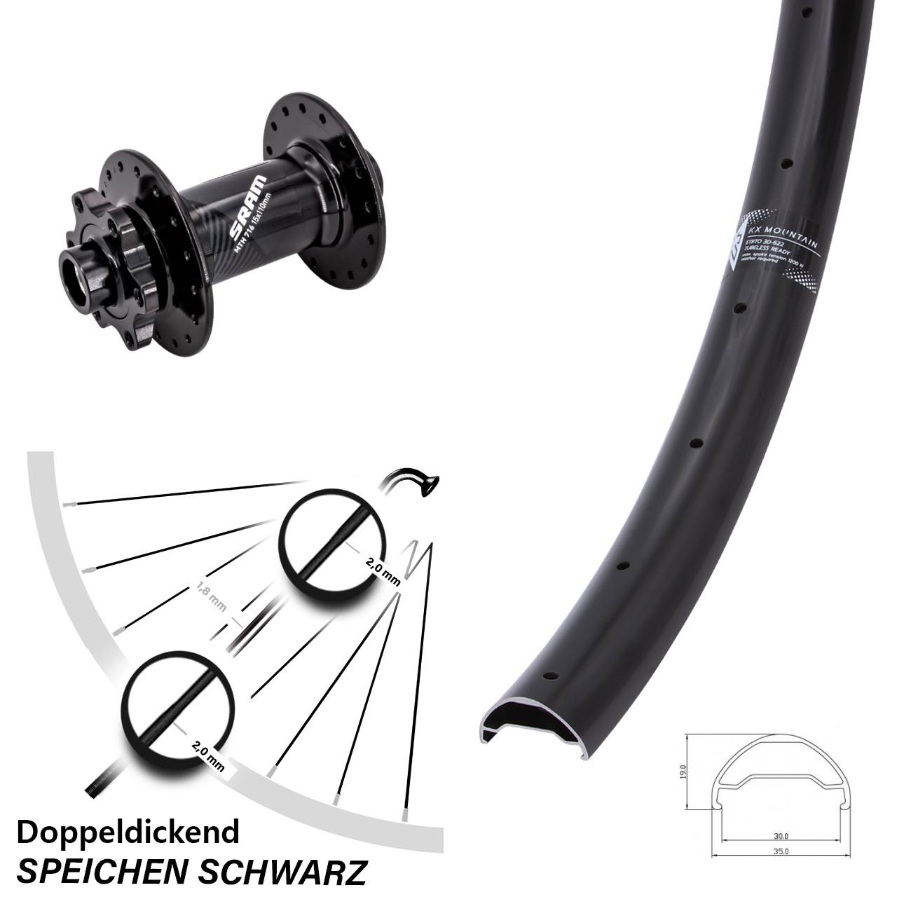 KX Mountain Sram 716 29 Zoll 6-Loch Vorderrad 15x110 Boost
