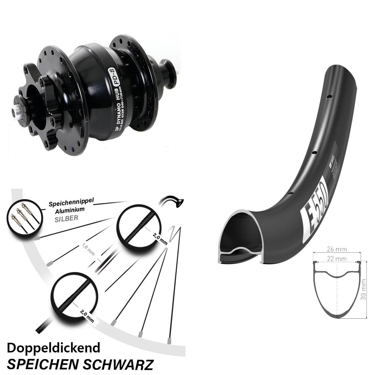 Nabendynamo-Vorderrad 28 Zoll DT Swiss E550 Shutter Precision PD-8 5x100 6-Loch