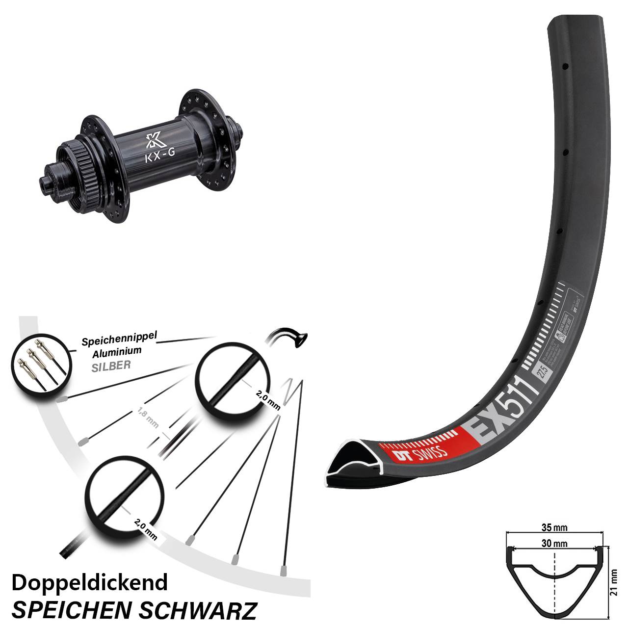 DT Swiss EX 511 KX-G 27,5 Zoll Centerlock Vorderrad für Schnellspanner