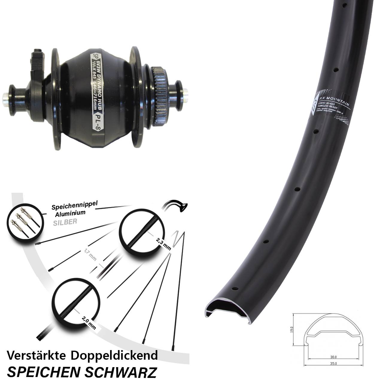 Centerlock Dynamo-Vorderrad QR 29 Zoll KX Mountain Shutter Precision PL-8